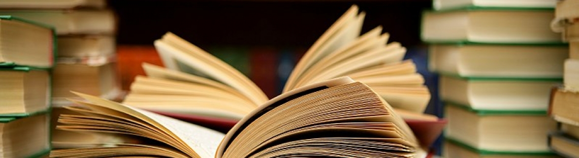 Libros encarrillados y abiertos sobre una mesa