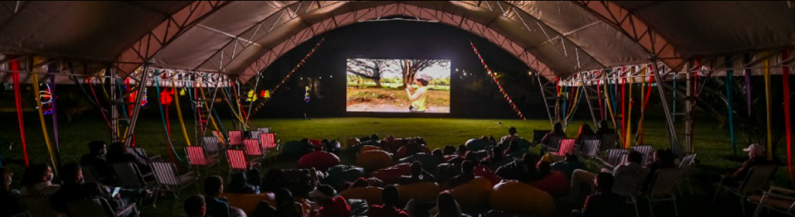 Personas en el parque viendo cine 