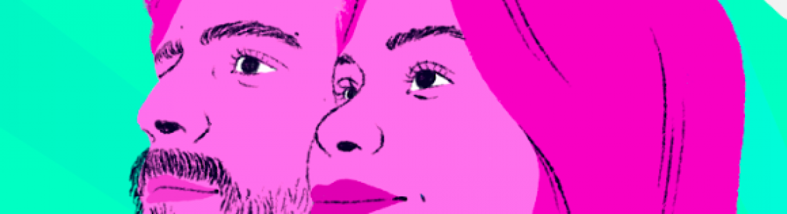 Ilustración de dos caras de hombre y mujer en colores verdes y rosadas