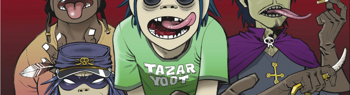 Ilustración de los integrantes de Gorillaz en fondo rojo