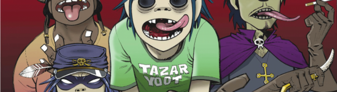 Ilustración de los integrantes de Gorillaz en fondo rojo