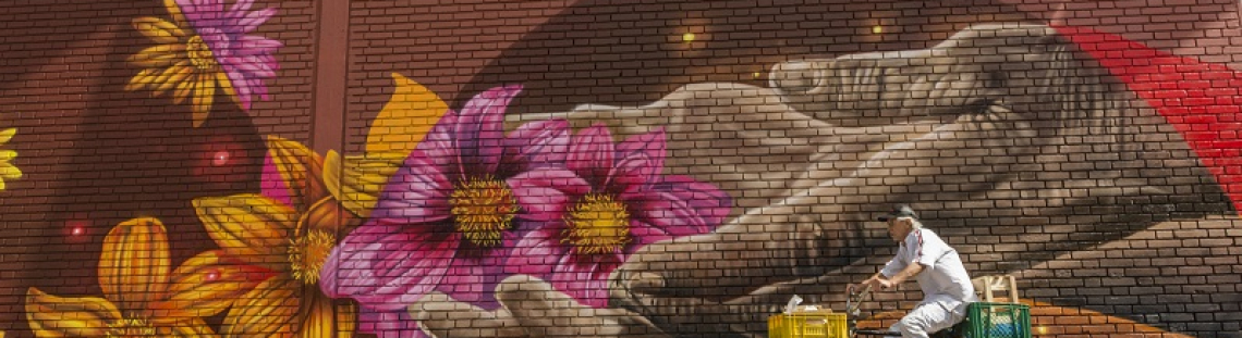 Grafiti de flores y un hombre en bicicleta