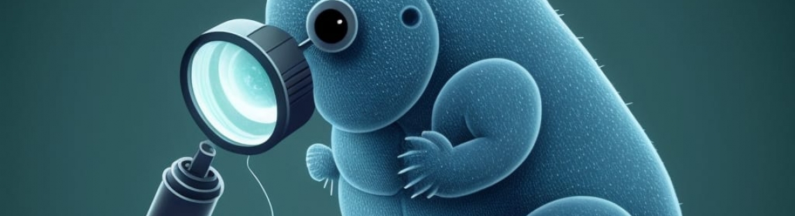 Un oso de agua mirando por un microscopio. Ilustración de inteligencia artificial. 