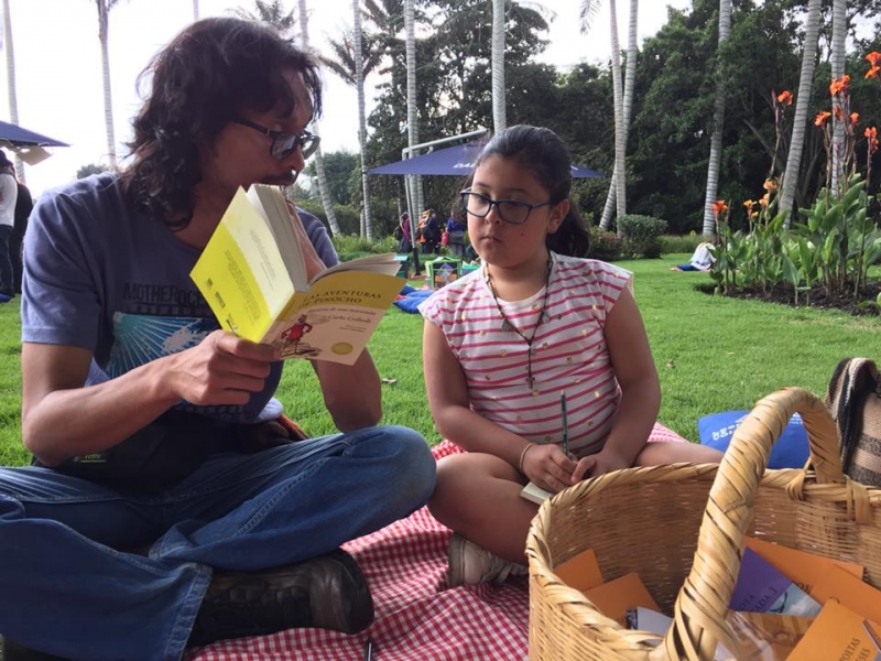 Mujer y nola con libro en un parque