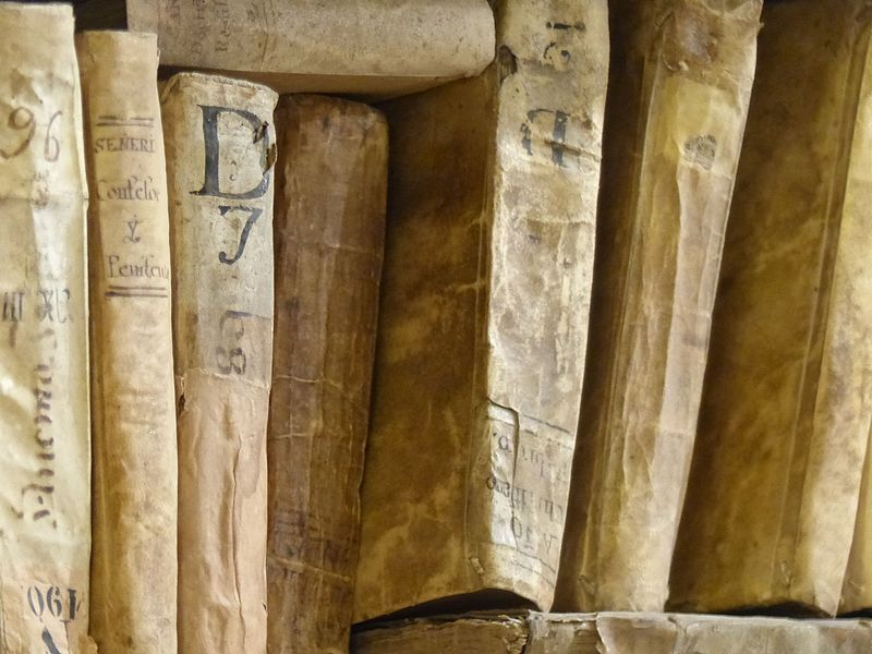 Libros antiguos en una estatntería - Fotografía de Wikimedia Commons.