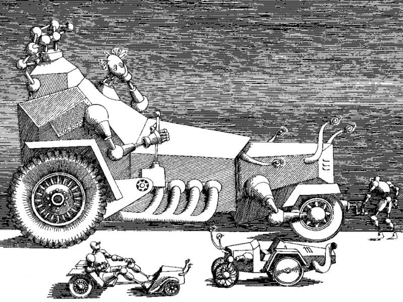 Ilustración en blanco y negro de ciencia ficción. personaje sobre un carro. 