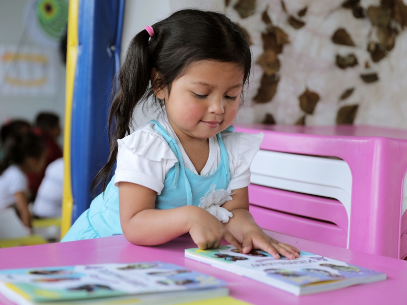 Niña en primera infancia mirando un libro.