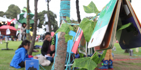 Niños participando en una actividad de lectura al aire libre.