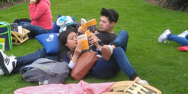 Hombre y mujer con libros al aire libre, recostados en el prado