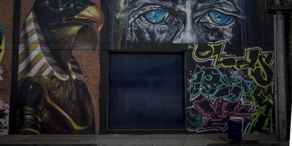 Pintura de águila y ojos azules sobre puerta