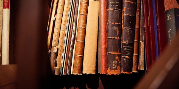 Libros antiguos en una estatntería.