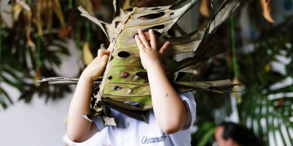 niño con hoja de árbol gigante en la cara