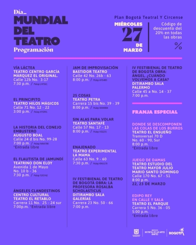 imagen con la programación del día del teatro y las 14 obras que se van a presentar