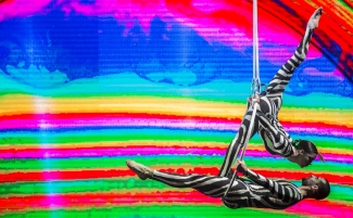 Malabaristas con traje tipo cebra sobre fondo multicolor en el escenario